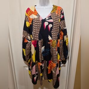 Casual Yellow and Orange V-Neck Sundress with Bishop Sleeves